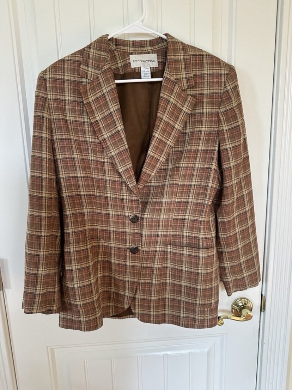 Vintage 90s EVAN PICONE Brown Plaid Silk Blend Blazer Womens Size 8 Academia